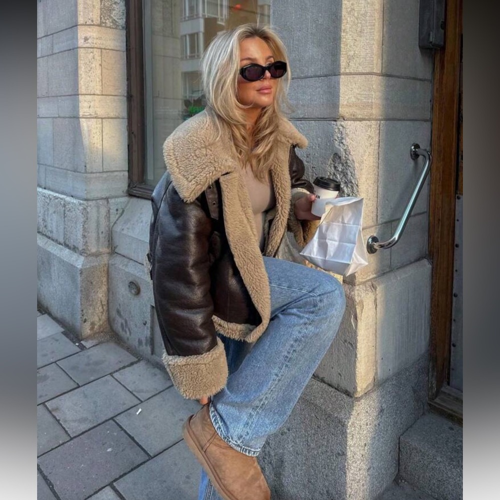 Vegan Leather Aviator Jacket Faux Shearling Trim Shearling Lined chocolate brown